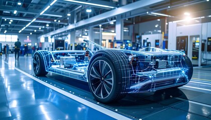 A futuristic automotive chassis design displayed within a modern manufacturing facility.  A digital representation of the vehicle's internal structure overlays the physical chassis