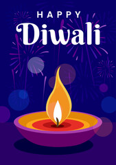 Happy Diwali Poster with Diya Lamp Vector Illustration. Indian festival of lights Design. Suitable for Greeting Card, Banner, Flyer, Template.