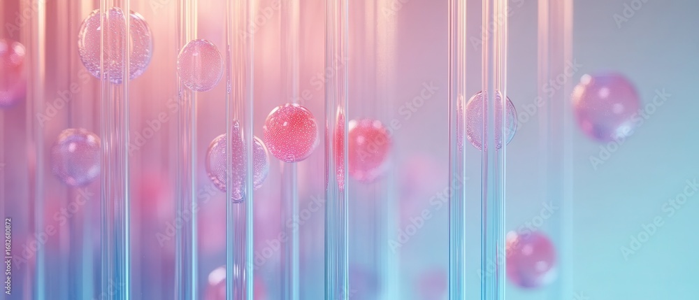 Poster clear spheres with sparkling particles float inside transparent tubes against a soft pink and blue g