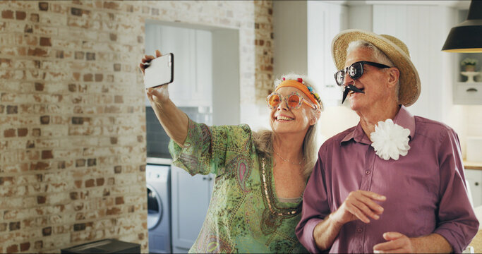 Retro, senior couple and selfie in home, happy and memory on social media, love and profile picture. Photography, elderly man and vintage with old woman in kitchen, bonding or commitment in marriage