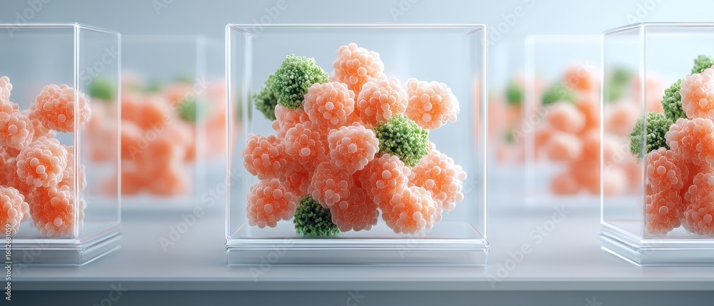 Poster molecular structures with green and orange cells contained in clear cubic containers, symbolizing sy