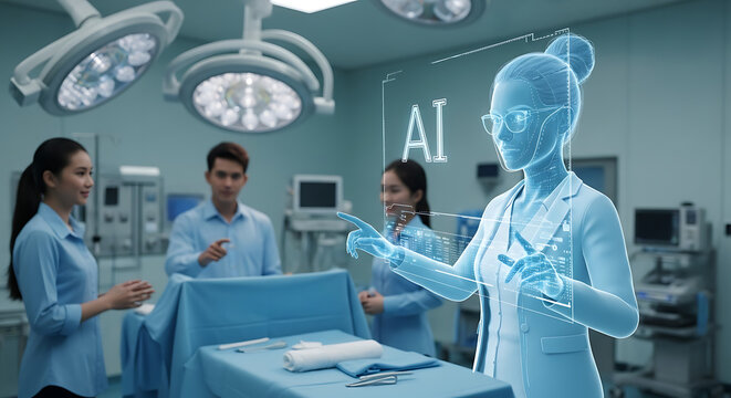 Ai doctor hologram in operating room with medical staff and surgical lights present in the scene
