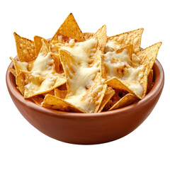 Delicious bowl of cheesy nachos a perfect snack for game night or a casual gathering with friends featuring melted cheese and crispy tortilla chips on transparent background