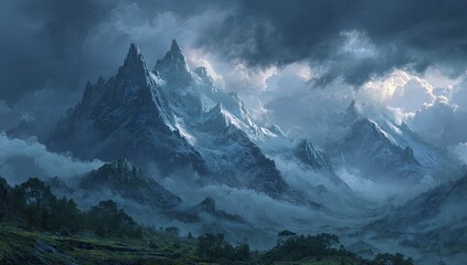 Majestic snow-capped peaks pierce a stormy sky, shrouded in mist