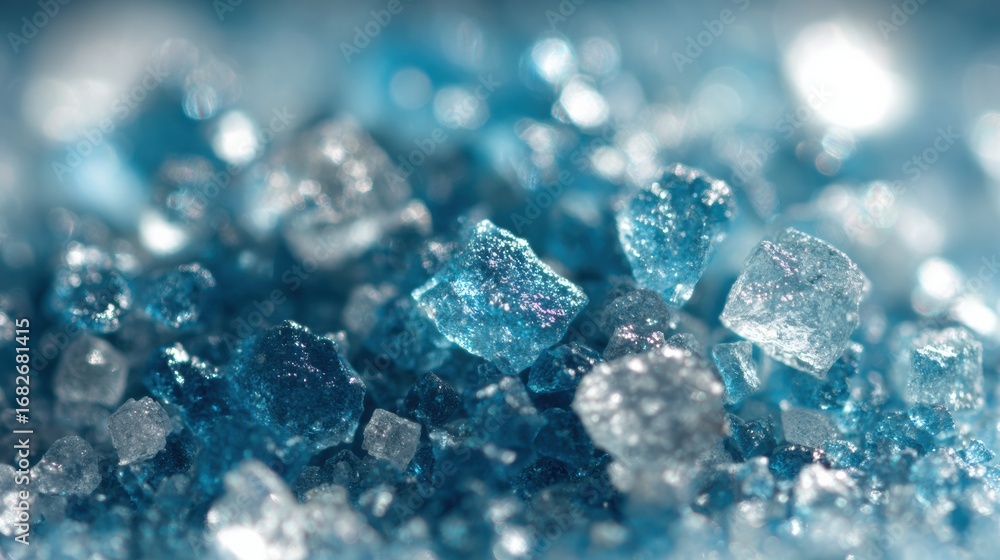 Poster Shimmering crystals of blue and clear hues are scattered across a smooth surface, creating a captivating display of color and texture under soft light
