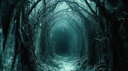 A winding, ethereal pathway through a shadowy, tangled forest tunnel, filled with gnarled, intertwining trees and roots, evokes a sense of mystery and unease.