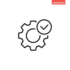Black single check setting line icon, technical specification conformity badge flat design infographic pictogram vector for app logo web button ui ux interface elements isolated on white background