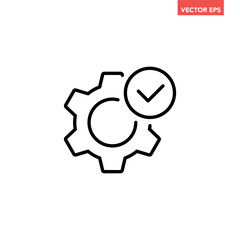 Black single check setting line icon, technical specification conformity badge flat design infographic pictogram vector for app logo web button ui ux interface elements isolated on white background