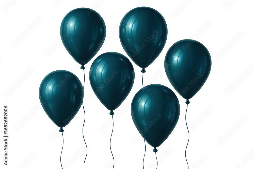 Poster floating teal balloons trailing delicate strings, conveying festive mood on clean transparent surfac