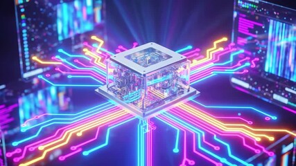 Futuristic microprocessor surrounded by vibrant circuits and screens, showcasing advanced technology - Powered by Adobe