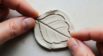 Hands crafting leaf design in clay - detailed artisan work