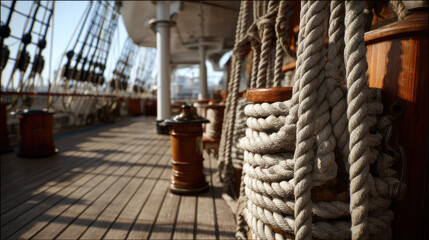 Traditional sailing ship deck with coiled ropes and rigging against wooden masts under bright daylight