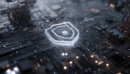 Cybersecurity shield on a circuit board.  Digital, glowing shield graphic