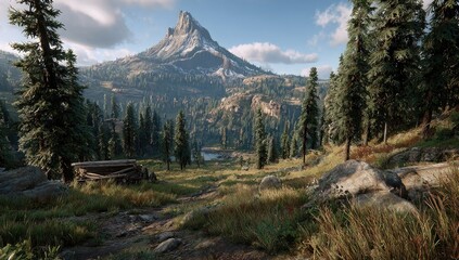 Mountain valley vista with a serene lake and path