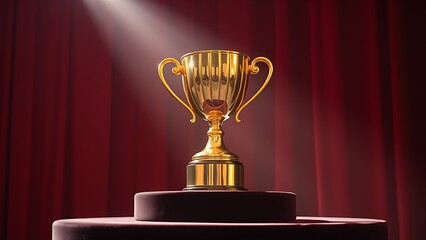 A gleaming gold trophy sits on a velvet stand, radiating achievement and prestige.