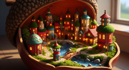 Obraz premium Intricate miniature diorama of a storybook village with glowing windows and towers nestled inside a large acorn shell