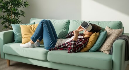 Obraz premium Young caucasian female relaxing on couch with vr headset in bright living room