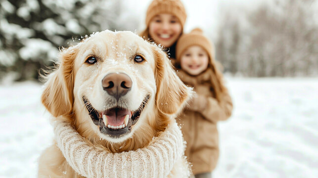 Golden Retriever and Girls in Snowy Winter Wonderland - Powered by Adobe