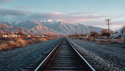 Railroad tracks stretching towards snow-capped mountains at dawn. Desert landscape with sparse vegetation. Empty railroad tracks leading to distant peaks