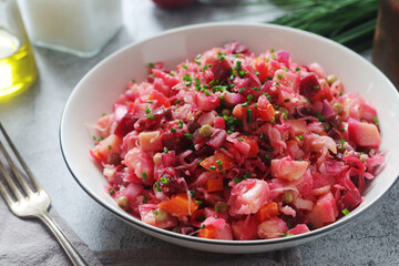 A bowl with Vinegret salad, a typical Russian dish	