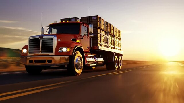 A loaded red flatbed truck with cargo drives along an empty desert highway during a beautiful golden sunset