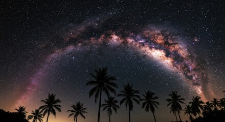 Milky Way arches above silhouetted palm trees, brilliant night sky