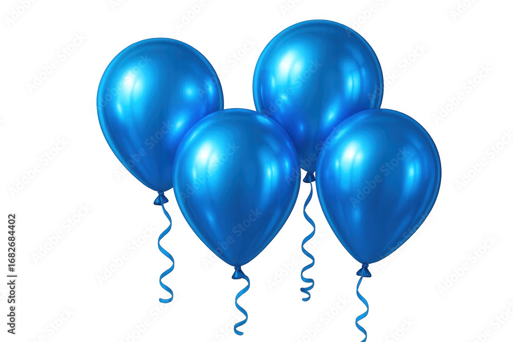 Poster glossy blue balloons hovering with trailing ribbons, isolated against transparent backdrop, ideal fo