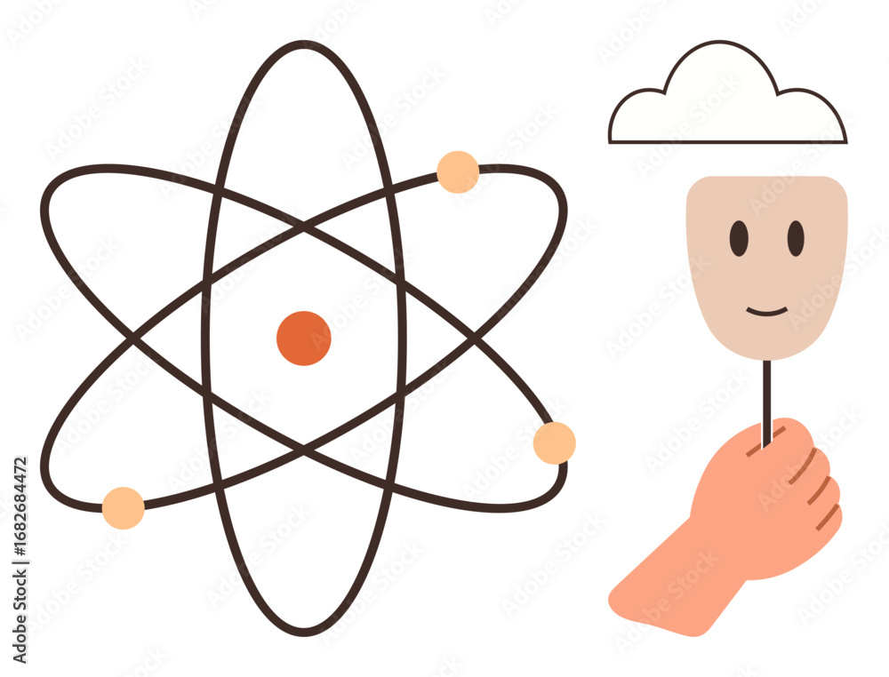 Poster atom model with nucleus and orbiting particles next to hand holding a mask portraying a cloud and fa
