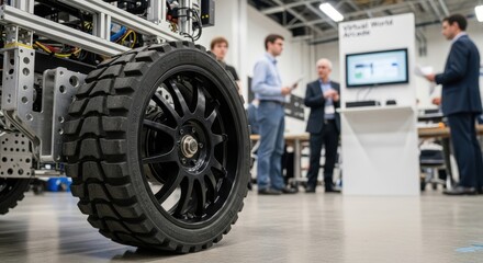 Fototapeta premium Large tire of robotic machine in modern office with business people in discussion