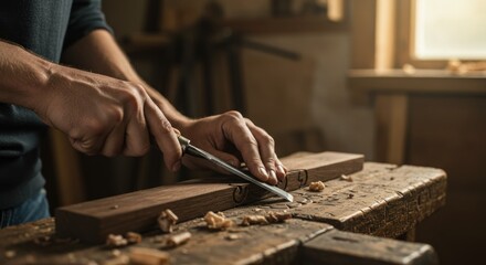 Woodworker using a chisel on a piece of wood in a workshop filled with tools and natural light