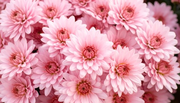 Close-up of many pale pink chrysanthemum flowers