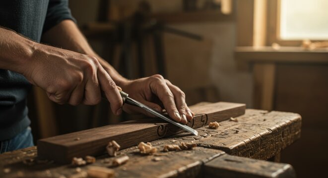 Woodworker using a chisel on a piece of wood in a workshop filled with tools and natural light