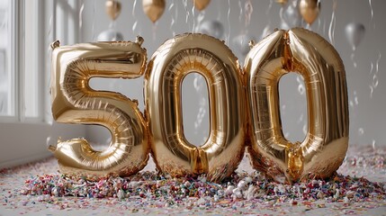 Golden helium balloons in the shape of the number 500 floating amidst a festive confetti backdrop, celebrating 500 followers or likes on social media.