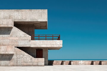 Fototapeta premium Modern concrete building with steps and balcony against a vibrant blue sky