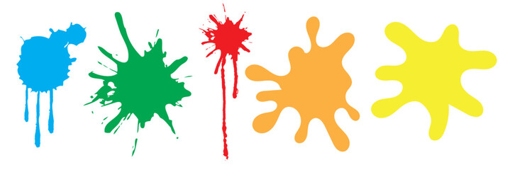 Colorful paint splatter shapes isolated on white. Collection of bright paint splatter shapes in blue, green, red, orange, and yellow, perfect for creative design. vector illustration. EPS 10

