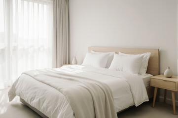 Minimalist bedroom with neatly made bed, soft white bedding, wooden headboard, cozy blanket, natural light, and simple decor creates calm, inviting atmosphere for relaxation