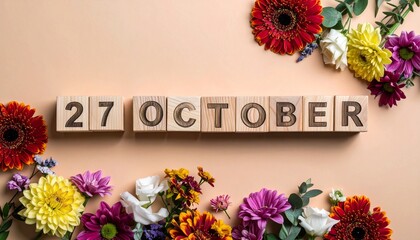 Wooden Blocks with Date 27 October. Floral Calendar – Vibrant Flowers on Solid Colored Background