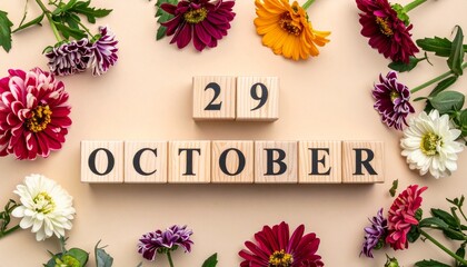 Wooden Blocks with Date 29 October. Floral Calendar – Vibrant Flowers on Solid Colored Background