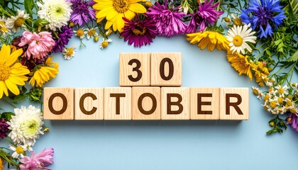 Wooden Blocks with Date 30 October. Floral Calendar – Vibrant Flowers on Solid Colored Background