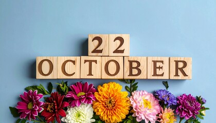 Wooden Blocks with Date 22 October. Floral Calendar – Vibrant Flowers on Solid Colored Background