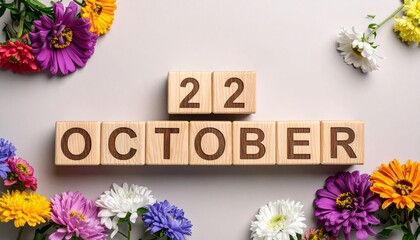 Wooden Blocks with Date 22 October. Floral Calendar – Vibrant Flowers on Solid Colored Background