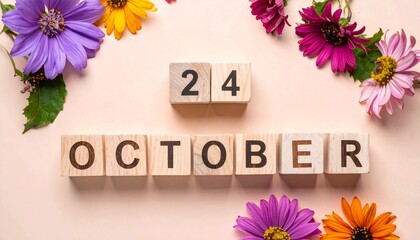 Wooden Blocks with Date 24 October. Floral Calendar – Vibrant Flowers on Solid Colored Background