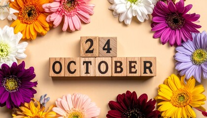 Wooden Blocks with Date 24 October. Floral Calendar – Vibrant Flowers on Solid Colored Background