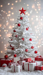 Elegant white Christmas tree decorated with red balls