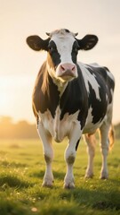 Black and White Cow Standing in a Sunlit Pasture