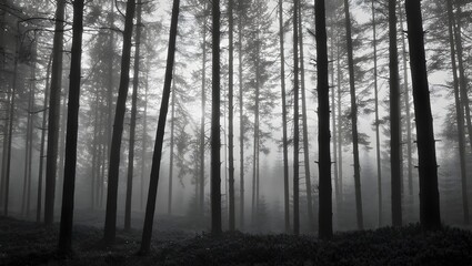 Obraz premium Moody Black and White Photograph of a Foggy Pine Forest, Eerie Atmosphere, Mysterious Woodland Scene.