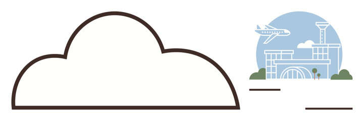 Airplane flying above airport terminal, large cloud in foreground, minimalist blue sky. Ideal for travel, aviation, tourism, transportation, business journeys logistics global connection. Simple