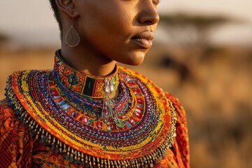 A woman adorned in colorful traditional attire stands gracefully in the savanna, showcasing intricate beaded jewelry and a vibrant collar against a setting sun