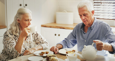Kitchen, senior couple and people with coffee, breakfast or bonding with cake in home, calm or...