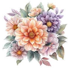 Obraz premium Elegant Watercolor Dahlias Bouquet Soft Hues Floral Art,, isolated on a transparent background